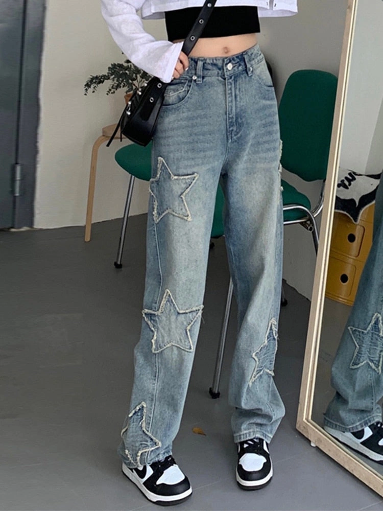 Starry Y2K Jeans: Patchwork Wide Legs, High Waist, Total Babe Vibes.