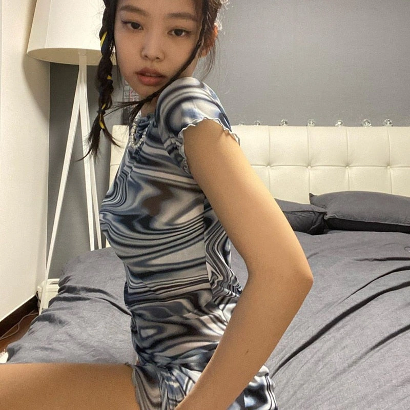 Jennie's Swirl Mini Dress Y2K Vibes: Own the Look! Korean Aesthetic, Black and Beautiful.